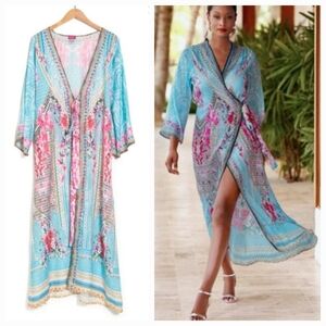 J'ADORE SXM Floral Embellished Silk Wrap  Kimono Robe